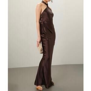 Retrofête Ester Dress brown satin halter Macy dress open back size Large